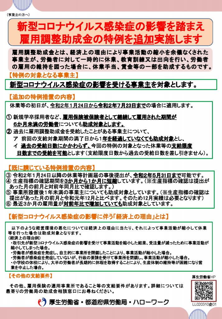 新型コロナウイルス関係　雇用調整助成金